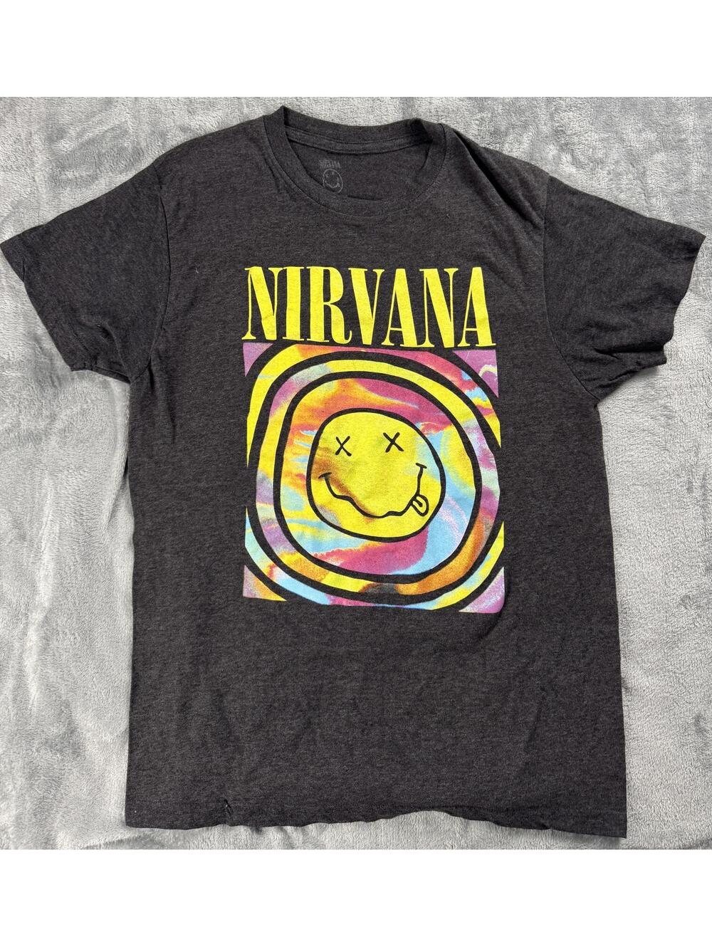 Vintage Nirvana Tie-Dye Smiley Face Graphic T-Shirt Shirt Charcoal Gray Sz Large